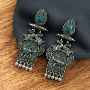 Traditional Oxidized Elephant Earrings | Best Silver Finish Dangler with Stone & Pearl Work