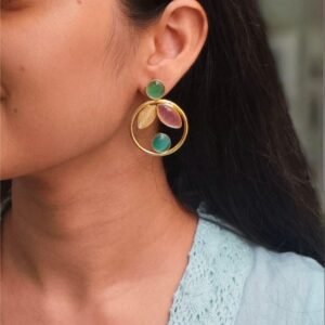 Gold Plated Leaf & Circle Design Earrings with Monalisa Stone – Ethnic & Western Look Amazing Jewelry