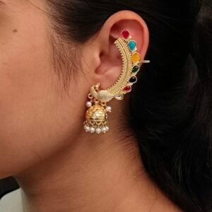Traditional Gold Plated Beautiful Peacock Jhumki Earcuff | Stone & Pearl Detailing Ethnic Jewelry