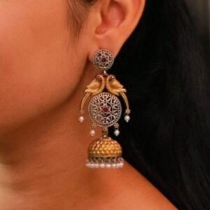 Traditional Two-Tone Parrot Earrings | Unique Dangler Jhumka Style with Stone & Pearl Detailing