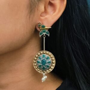 Traditional Bird Design Dangler Earrings | Two-Tone Beautiful Jewelry with Pearl & Stone Work