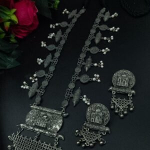 Elegant Matt Black Polish Long Necklace – German Silver Best Jewelry with Adjustable Thread