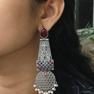 Handcrafted Oxidized Long Earrings | Stone & Pearl Work Unique Design Jewelry For Girls