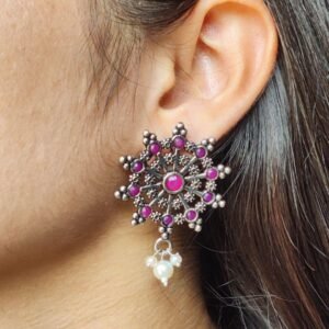 Elegant Oxidized Silver Stud Earrings | Pearl & Stone Work Perfect Daily Wear Jewelry for Girls