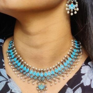 Unique Leaf Design Necklace Set – Silver Plated with Stone & Pearl Work for Festive Wear