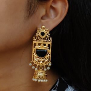 Antique Gold Plated Long Jhumka Earrings | Floral Art Monalisa Stone & Pearl Work Best Traditional Jewelry