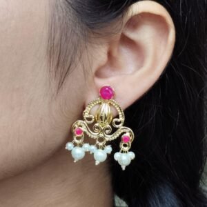Ethnic Look Alike Gold Plated Earrings | Stone & Pearl Work Unique Design Jewelry
