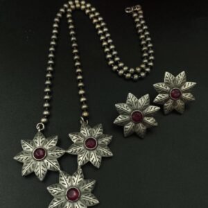 Handmade Silver Replica Flower Necklace with Matching Earrings – Attractive Long Design
