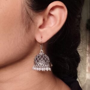 Traditional German Silver Jhumka Earrings – Hook Style Danglers with Pearl Work Perfect Jewelry