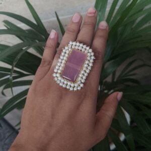 Gold Plated Adjustable Ring | Monalisa Stone & Pearl Work Party Wear Best Jewelry