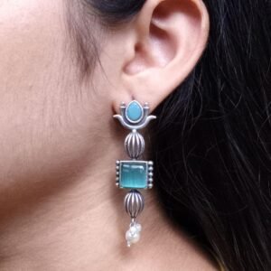 Antique Silver Look Lotus Earrings | Ethnic Stud Stone & Pearl Detailing Perfect Gift For Her