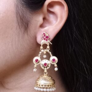 Unique Gold Plated Bird Dangler Earrings | Ethnic Stone & Pearl Work Beautiful Jewelry For Girls
