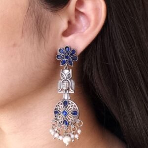 Silver Replica Owl Earrings | Oxidized Stone & Pearl Work Flower Design Unique Jewelry