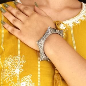 Silver Replica Floral Art Kada Bangle | Oxidized Free Sized Bracelet