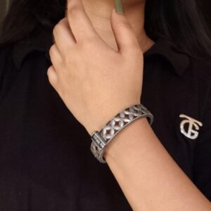 Traditional Silver Kada | Oxidised Flower Design Bangles | Free Size Bracelet