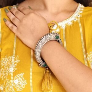 Traditional Floral Art Stone Oxidized Bangle | Silver Replica Openable Kada Ethnic Best Jewelry