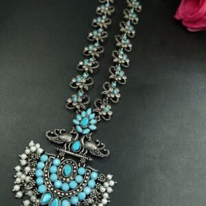 Beautiful Stone & Pearl Work Peacock Necklace | Silver Plated Oxidized Party Wear Jewelry