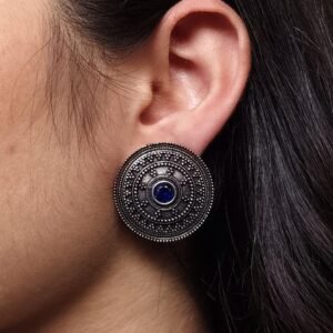 Unique Round Stud Earrings | Ethnic Silver Replica Stone Oxidized Jewelry