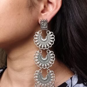 Unique German Silver 3 Layer Earrings | Stylish Ethnic Dangler Jewelry for Women