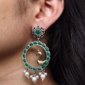 Traditional Two-Tone Bird Earrings | Circle Dangler Ethnic Jewelry with Stone & Pearl Work Perfect Gift For Her