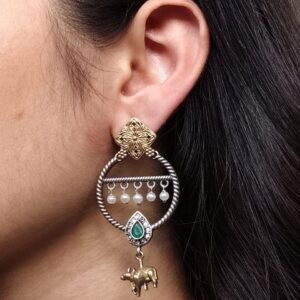 Ethnic Nandi Dangler Earrings | Two-Tone Circle Design with Stone & Pearl Work Unique Jewelry