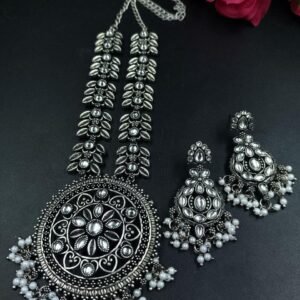 Oxidized Flower Necklace Set | Silver Plated Stone & Pearl Work Jewelry for Women