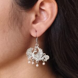 Elegant Peacock Dangler Earrings | German Silver Hook Design with Best Pearl Detailing