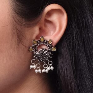 Elegant Peacock Stone Earrings – Silver-Plated Brass to Enhance Your Festive Style