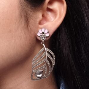 Oxidized Peacock Feather Earrings | Silver Replica Stylish Dangler Unique Jewelry for Girls