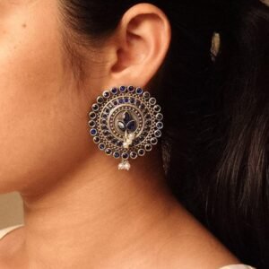 Daily Wear Oxidized Round Stud Earrings | Pearl & Stone Detailing Amazing Earring For Girls