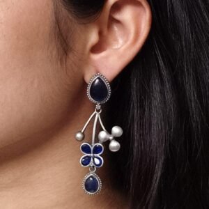 Beautiful Oxidized Flower Earring | Silver Replica Ethnic Stone Work Dangler Jewelry for Girls