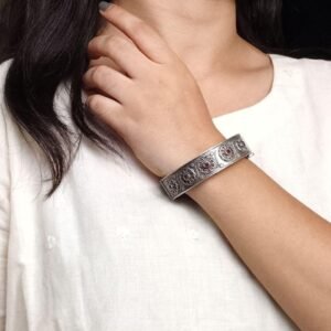 Stylish Traditional Flower Kada | Silver Plated Openable Ethnic Bangle
