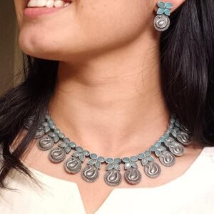 Beautiful Peacock Choker Necklace Set | Stone Work Silver Touch Ethnic Wear Jewelry