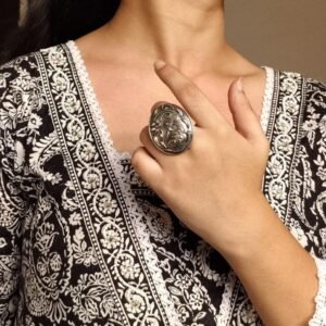 Premium Silver Replica Peacock Ring | Adjustable Oxidized Floral Art Best Designer Jewelry