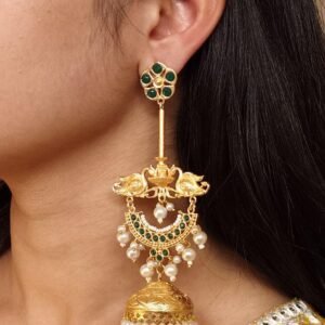Luxury Kashmiri Jhumka Earrings | Gold Plated Stone & Pearl Work Dangler Traditional Jewelry