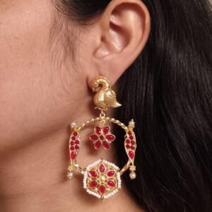 Gold Plated Unique Bird Design Earrings | Stone & Pearl Detailing Ethnic Jewelry For Girls