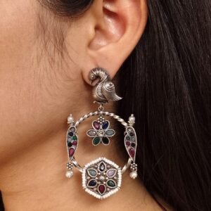 Beautiful Bird Design Earrings | Oxidized Silver Replica Stone & Pearl Work Dangler Jewelry