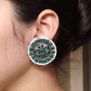 Handcrafted Oxidized Round Studs Earrings | Pearl & Stone Work Silver Plated Amazing Jewelry