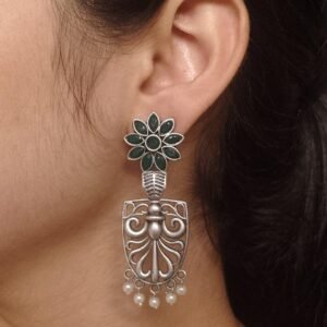 Traditional Oxidized Flower Dangler Earrings | Pearl & Stone Work Silver Replica Amazing Jewelry