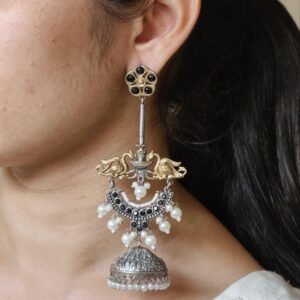 Designer Two-Tone Jhumka Earrings | Bird Design Pearl & Stone Work Beautiful Jewelry For Women