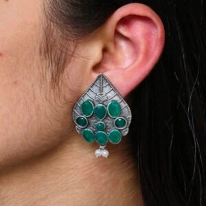 Traditional Leaf Design Earrings | Silver Replica Stone & Pearl Work Best Oxidized Jewelry
