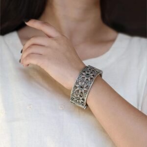 Traditional Oxidized Unique Flower Design Bangle | Silver Replica Ethnic Jewelry for Women