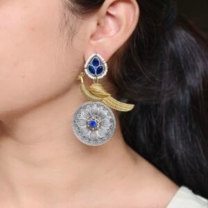Beautiful Traditional Peacock Two-Tone Earrings | Elegant Dangler with Pearl & Stone Work Statement Jewelry
