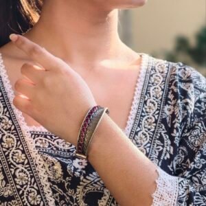 Handcrafted Unique Design Oxidized Openable Bangle | Stone Work Silver Replica Jewelry