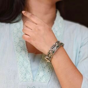 Beautiful Design Stone & Pearl Work Openable Bangle | Oxidized Silver Jewelry