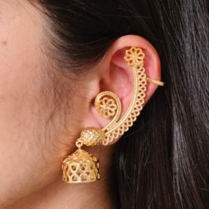 Beautiful Flower Design Gold Plated Jhumka Earcuff | Stone Work Traditional Jewelry
