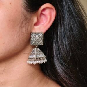 Traditional Oxidized Jhumka Earrings | Best Silver Replica Floral Art Design with Pearl Detailing