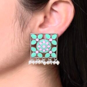 Traditional Silver Plated Meenakari Stud Earrings | Oxidized Pearl Work Amazing Jewelry