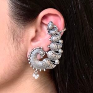 Silver Replica Unique Peacock Design Earcuff | Pearl Work Traditional Jewelry