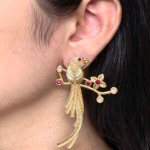 Handcrafted Gold Plated Parrot Stud Earrings | Flower Design & Stone Work Beautiful Jewelry